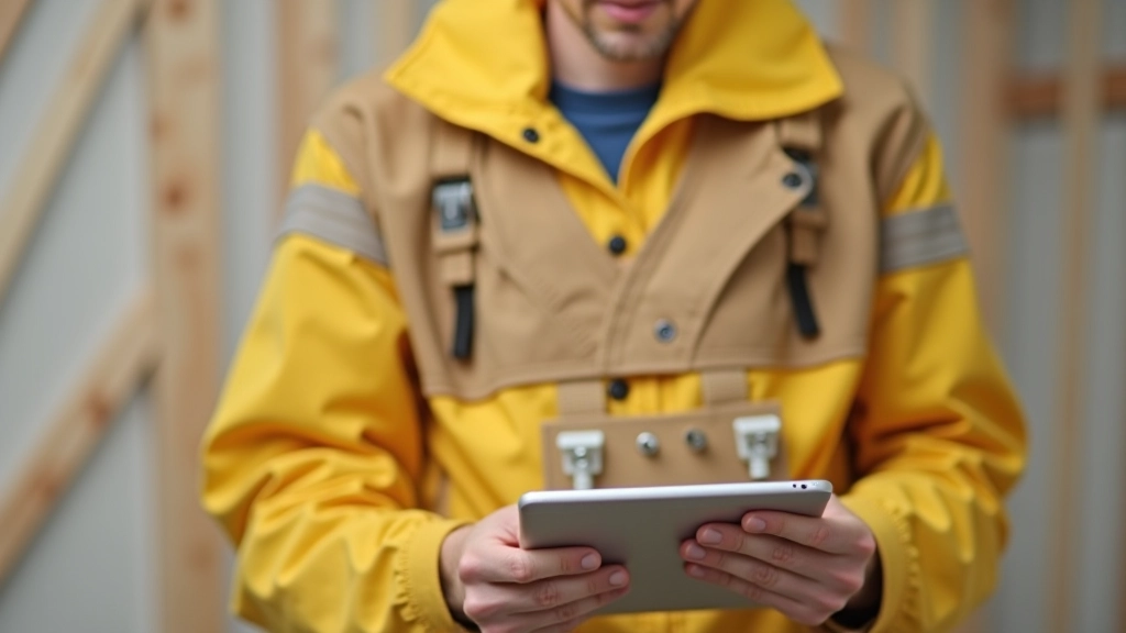 Électricien en uniforme jaune consultant un devis sur un tablet, bureau de chantier, lumière naturelle