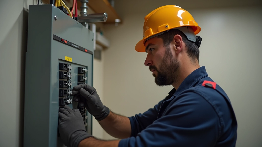 Électricien travaillant sur un tableau électrique avec équipement de sécurité