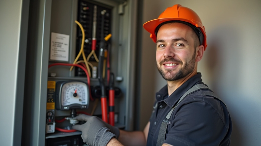 Électricien travaillant sur un tableau électrique avec voltmètre et équipement de sécurité