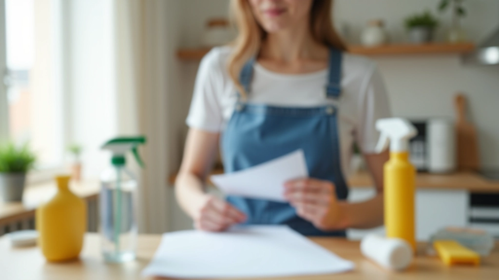 Femme de ménage avec fournitures de nettoyage, environnement professionnel