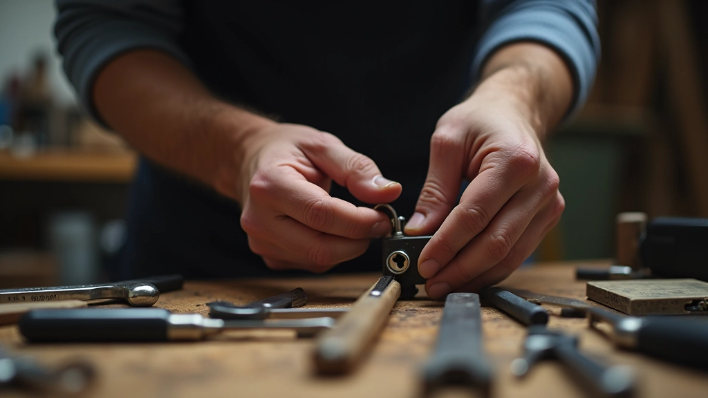 Serrurier en train de travailler sur une serrure de porte, avec outils professionnels et pièces métalliques