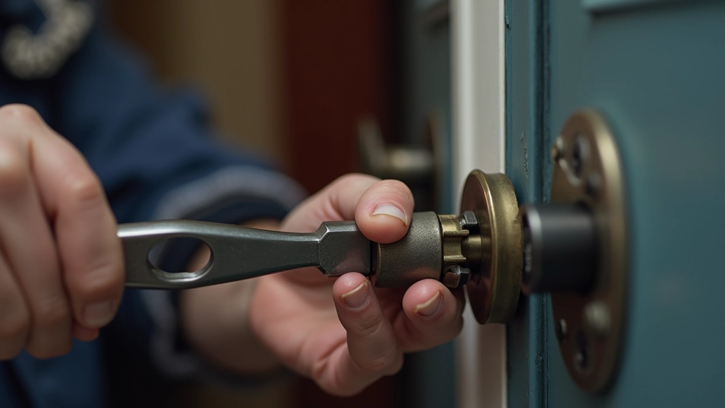 Serrurier travaillant sur une serrure, gros plan sur les outils professionnels