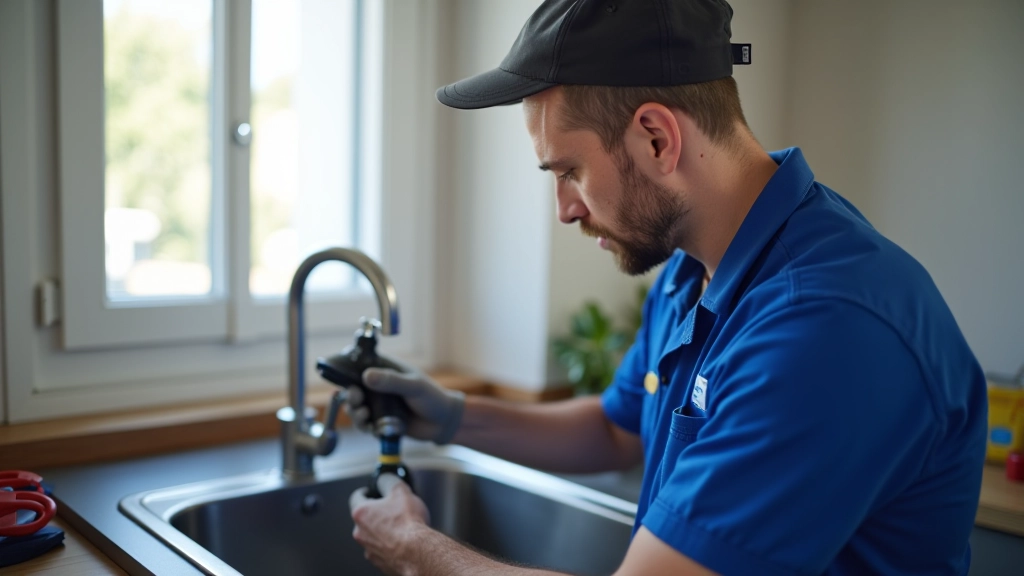 Plombier en combinaison bleue examinant les tuyauteries sous un évier de cuisine