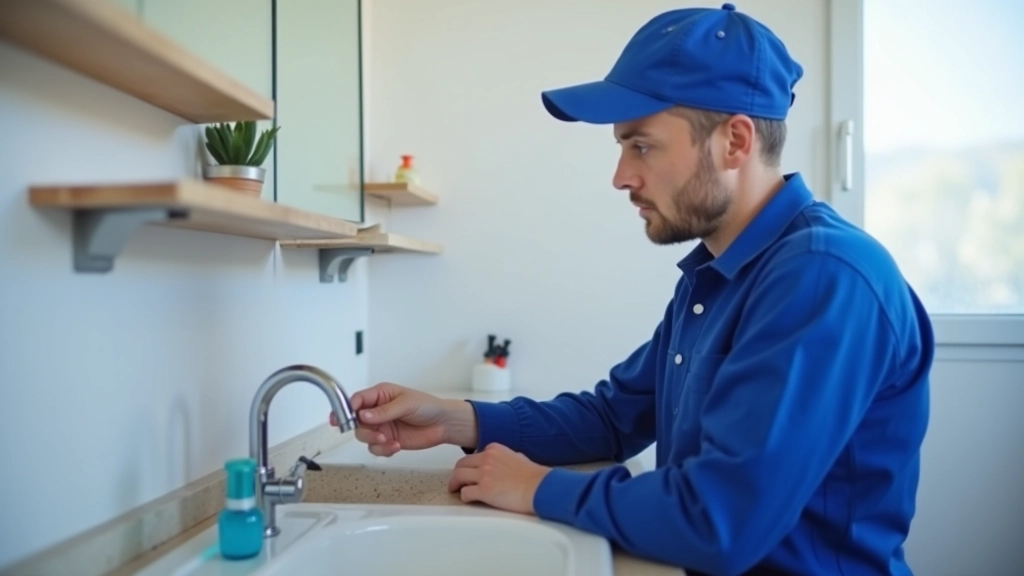 Plombier en combinaison inspectant les tuyauteries sous un évier