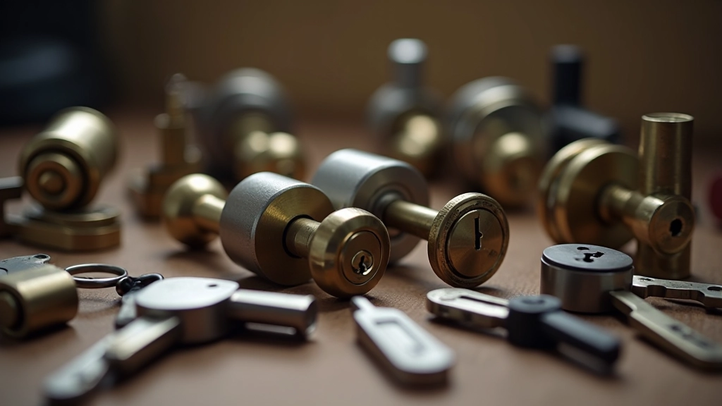 Gros plan sur différents types de serrures et cylindres de porte, rangés sur une surface de travail
