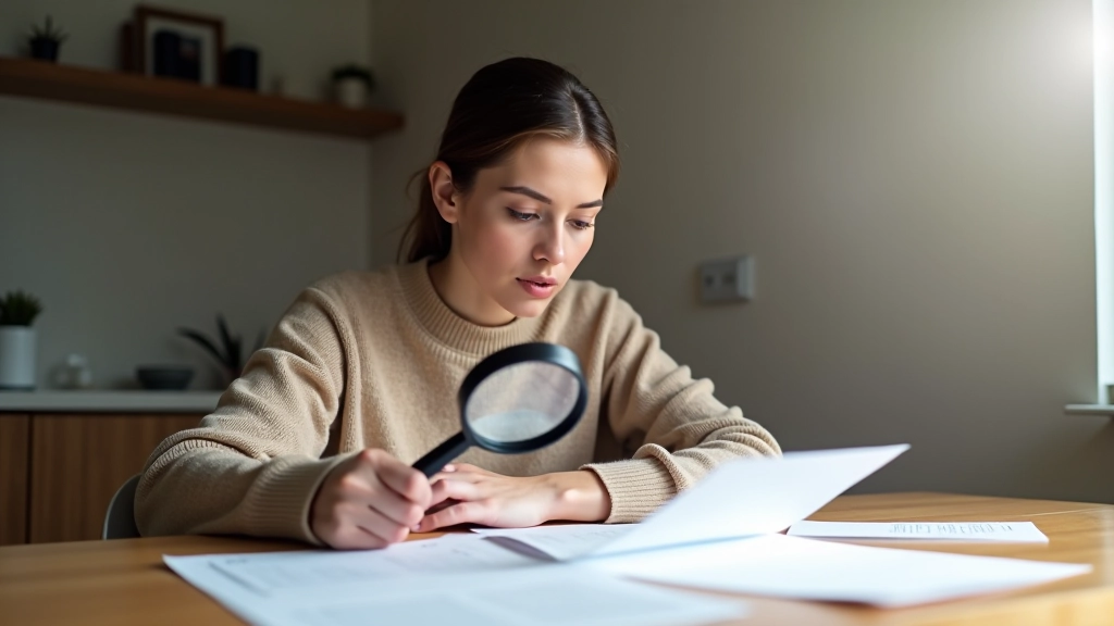 Femme à table examinant plusieurs documents avec loupe, prise de décision, intérieur moderne, lumière diurne